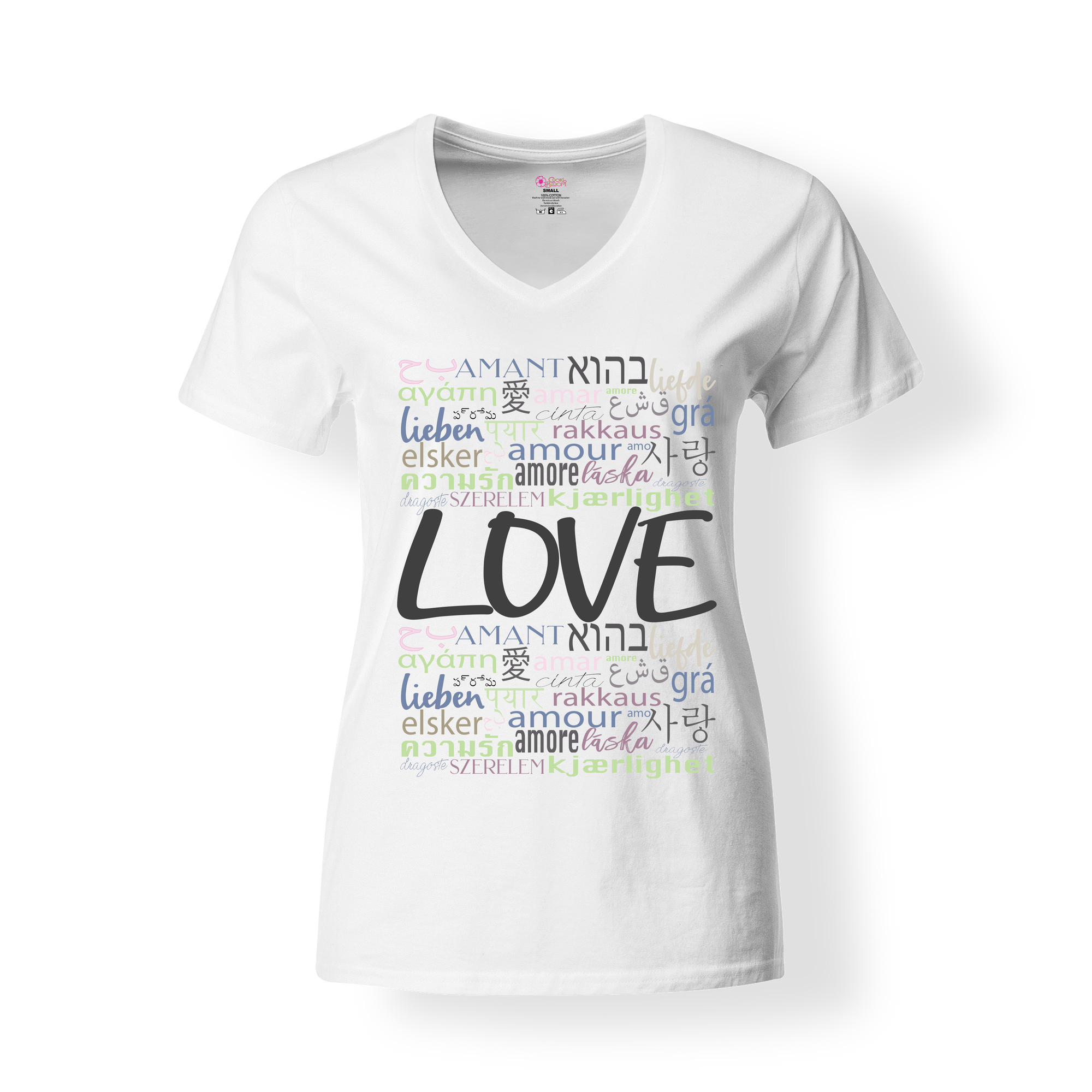 Women's expressive graphic white shirt with love in 50 languages