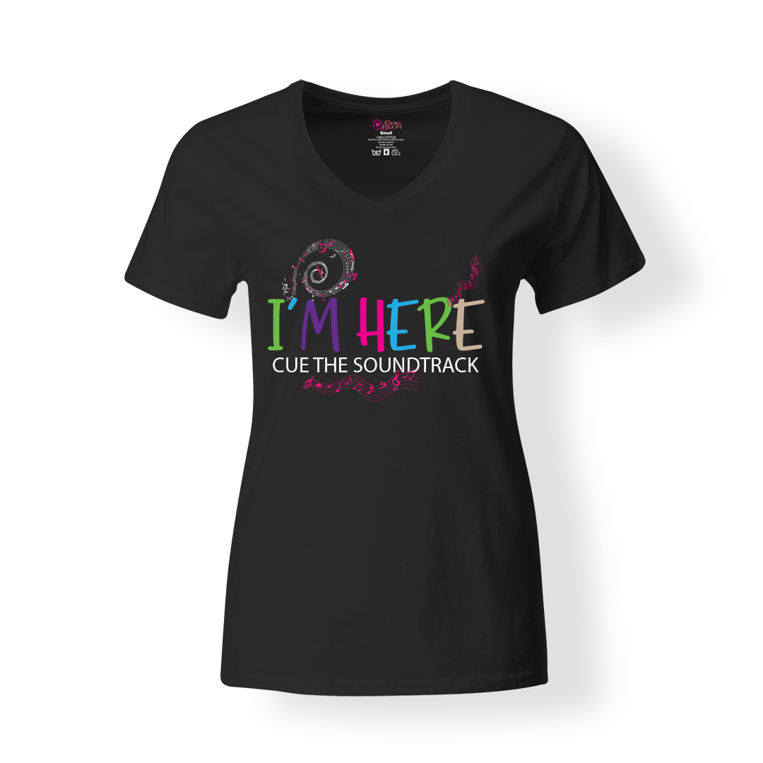 Funny women's graphic black shirt with I'm here cue the sound designs
