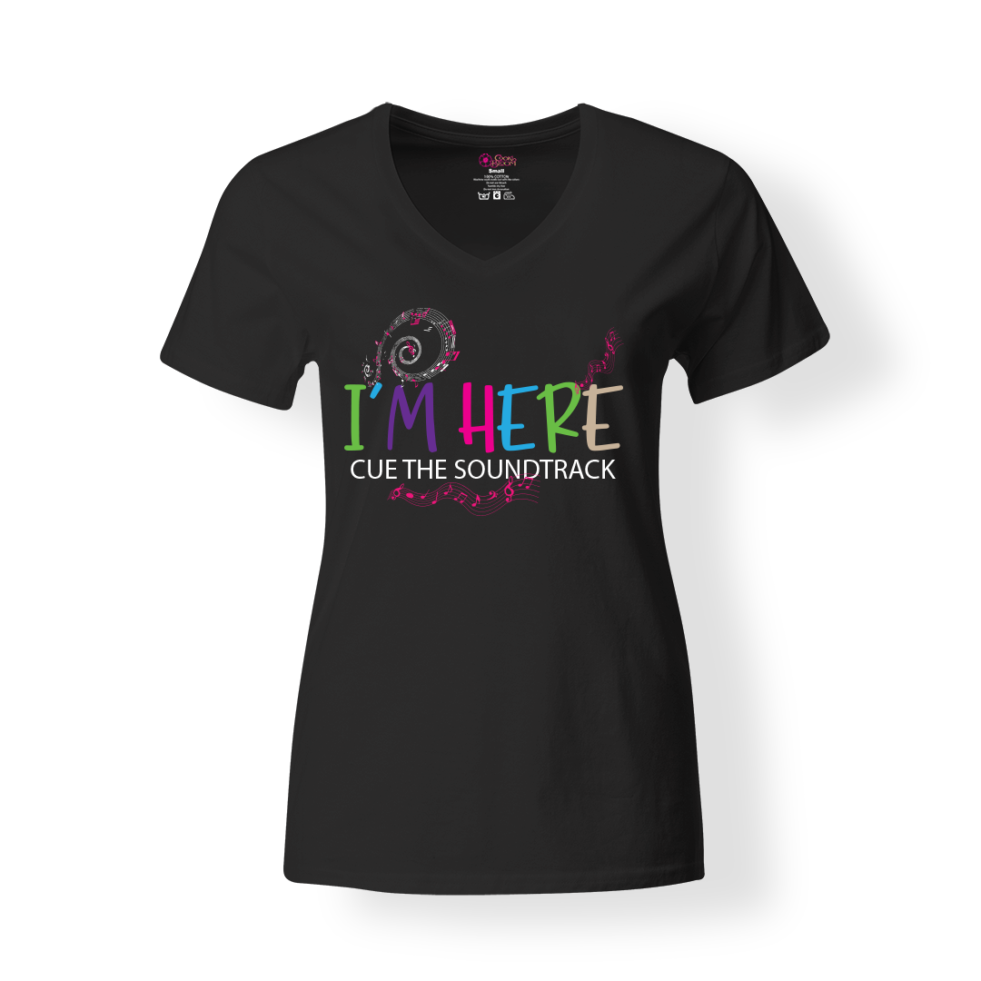 Funny women's graphic black shirt with I'm here cue the sound designs