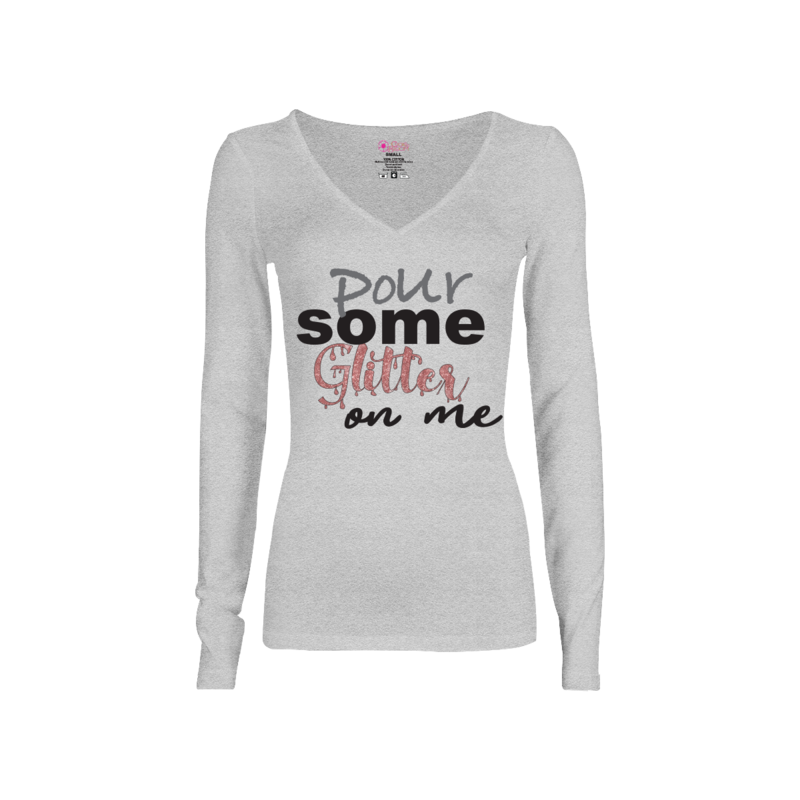 Women's long-sleeve express graphic grey tee with pour some glitter on me design