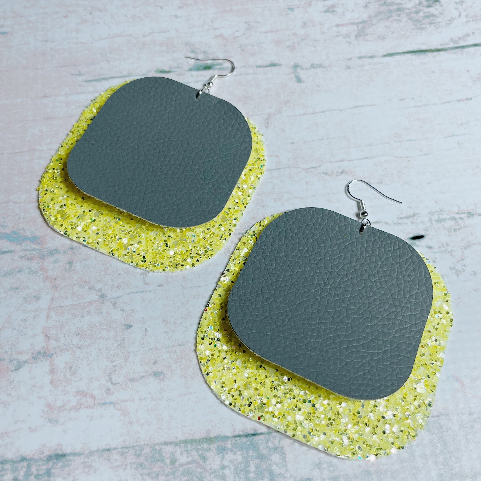 CookiBloom earrings Gray & Yellow Glitter Leather Earrings