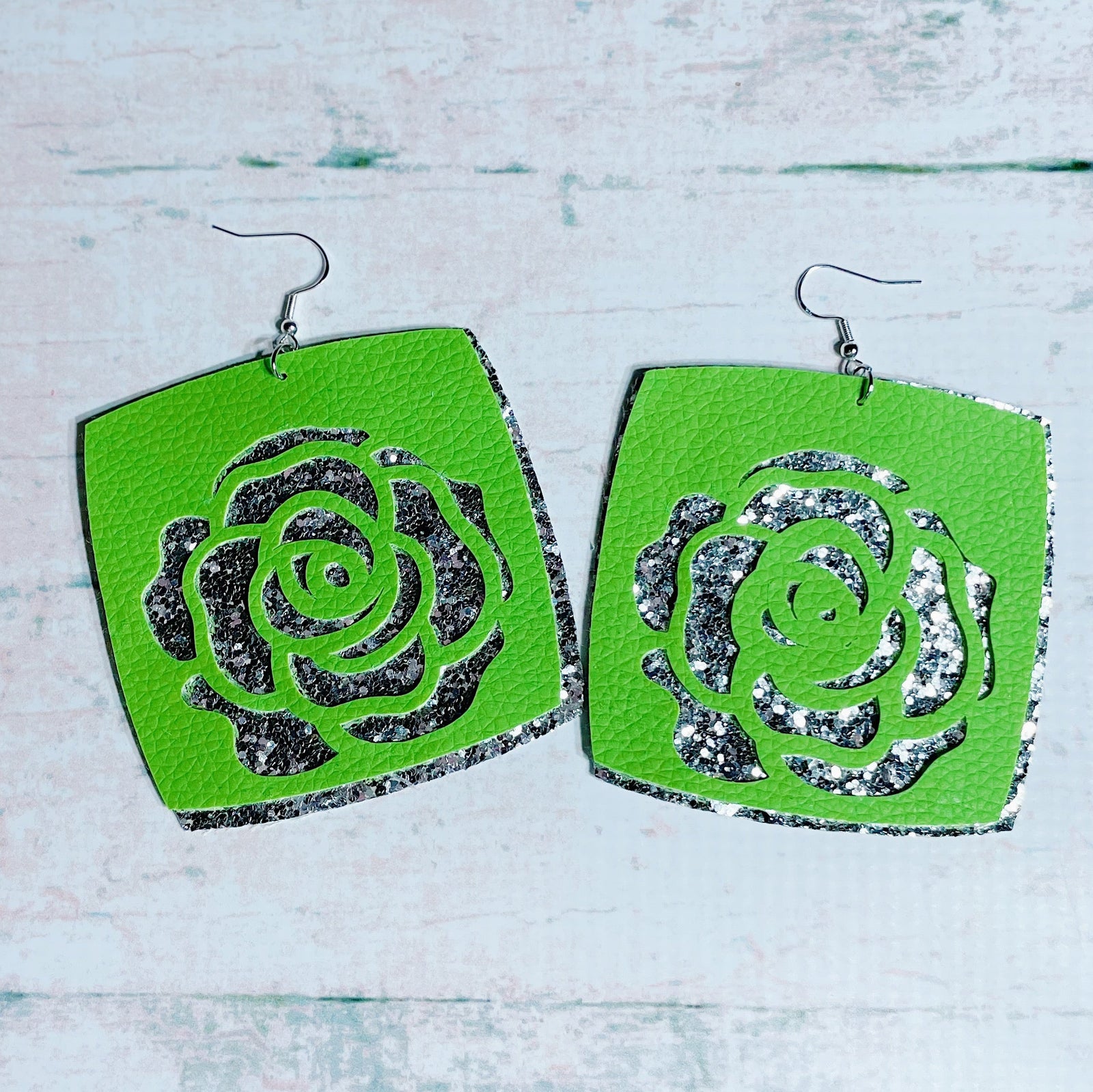 CookiBloom Earrings Green Flower & Silver Glitter Leather Earrings