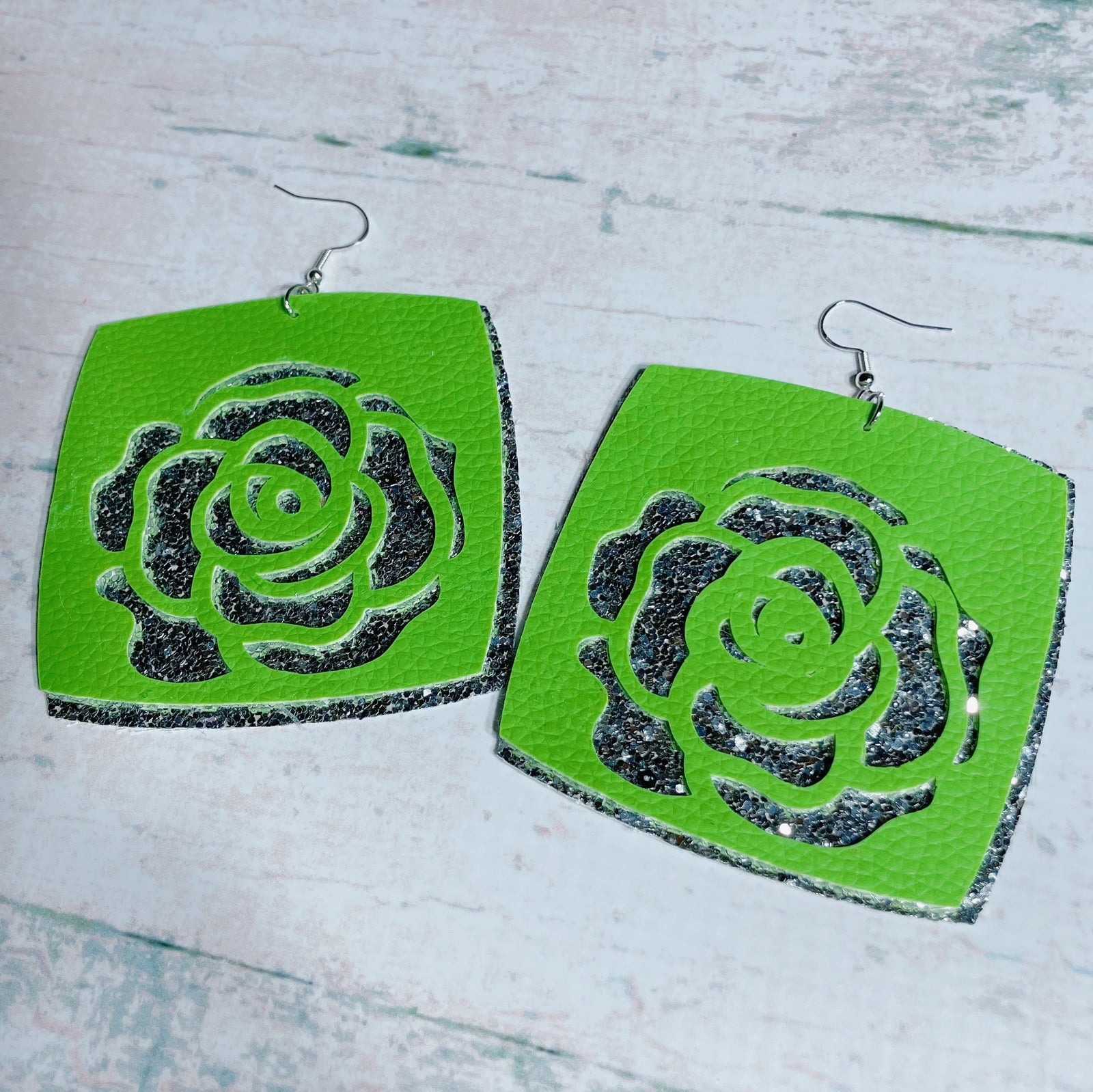 CookiBloom Earrings Green Flower & Silver Glitter Leather Earrings
