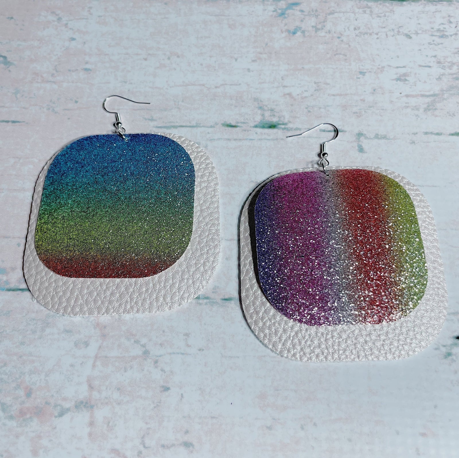 CookiBloom Earrings Rainbow Glitter & Pink Shimmer Leather Earrings