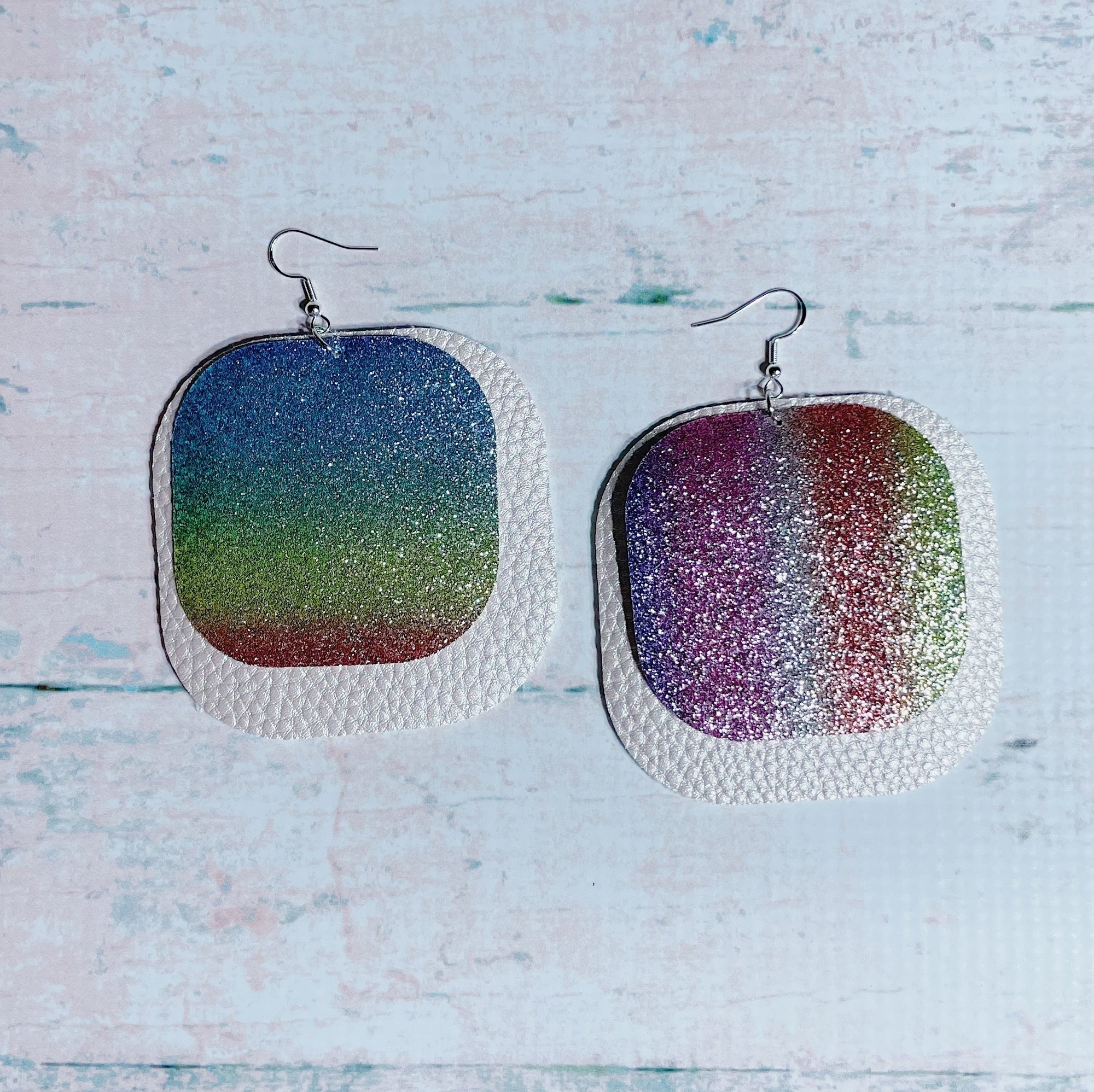 CookiBloom Earrings Rainbow Glitter & Pink Shimmer Leather Earrings
