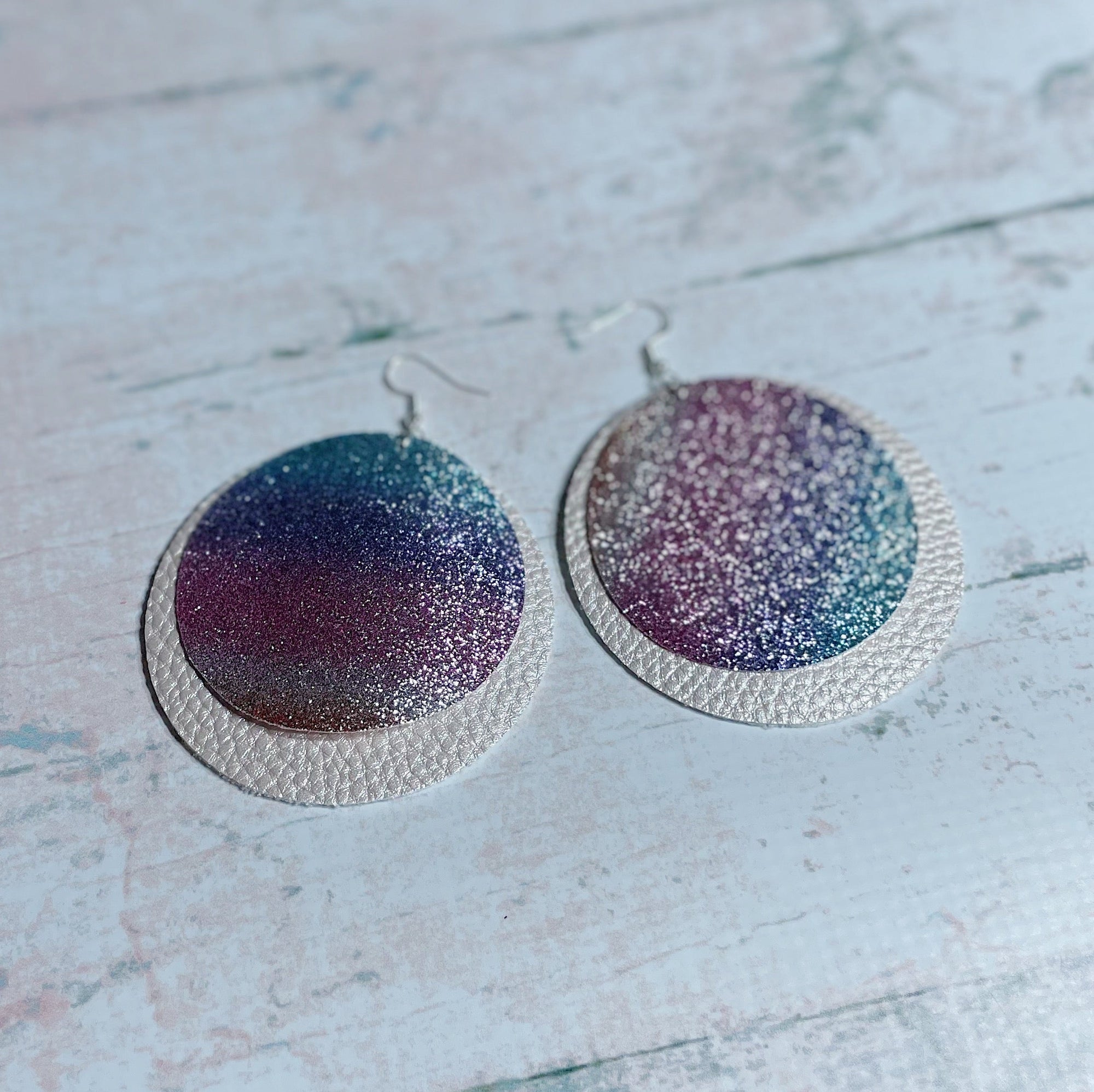 CookiBloom Earrings Rainbow & Pink Shimmer Round Leather Earrings