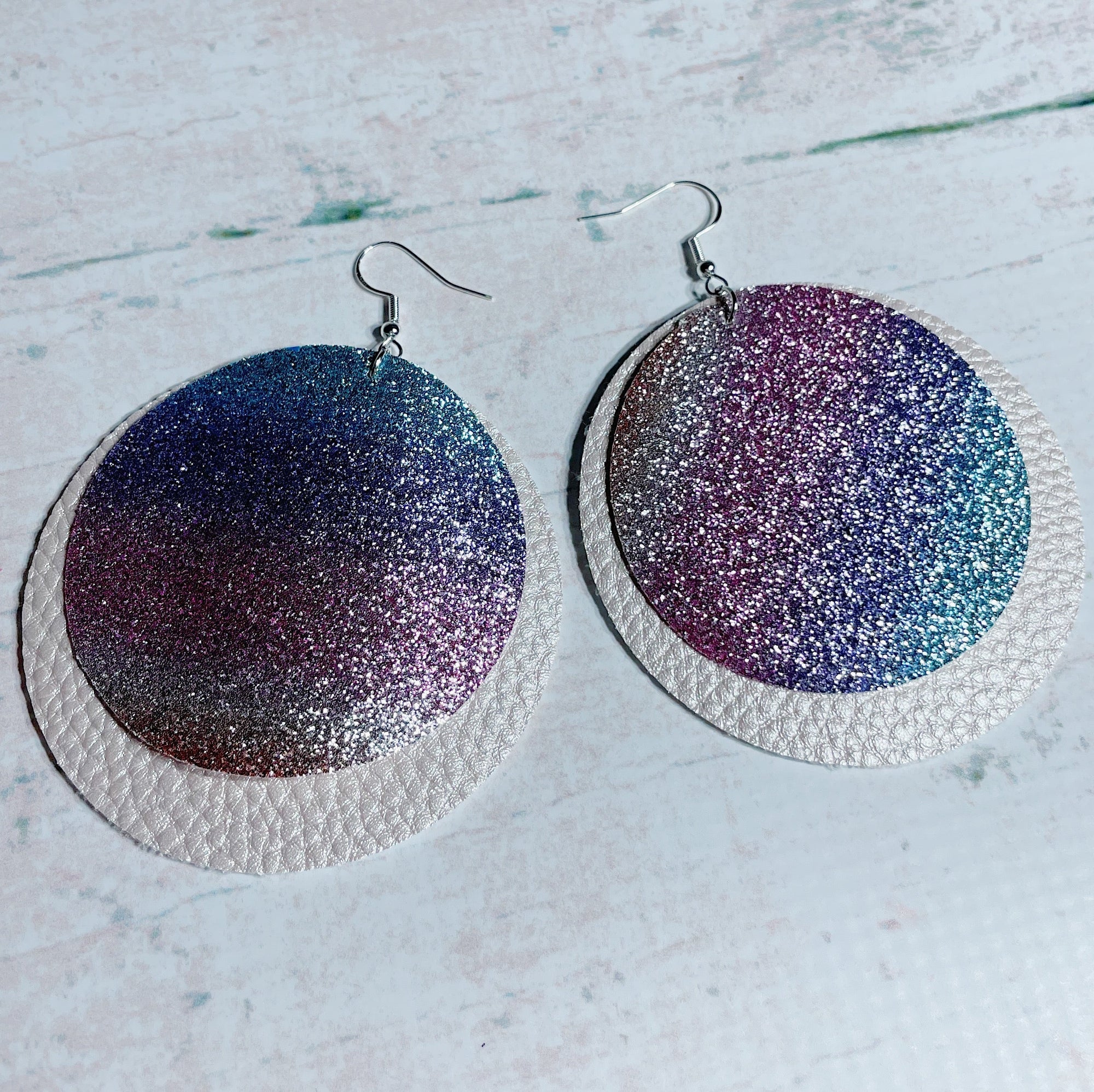 CookiBloom Earrings Rainbow & Pink Shimmer Round Leather Earrings