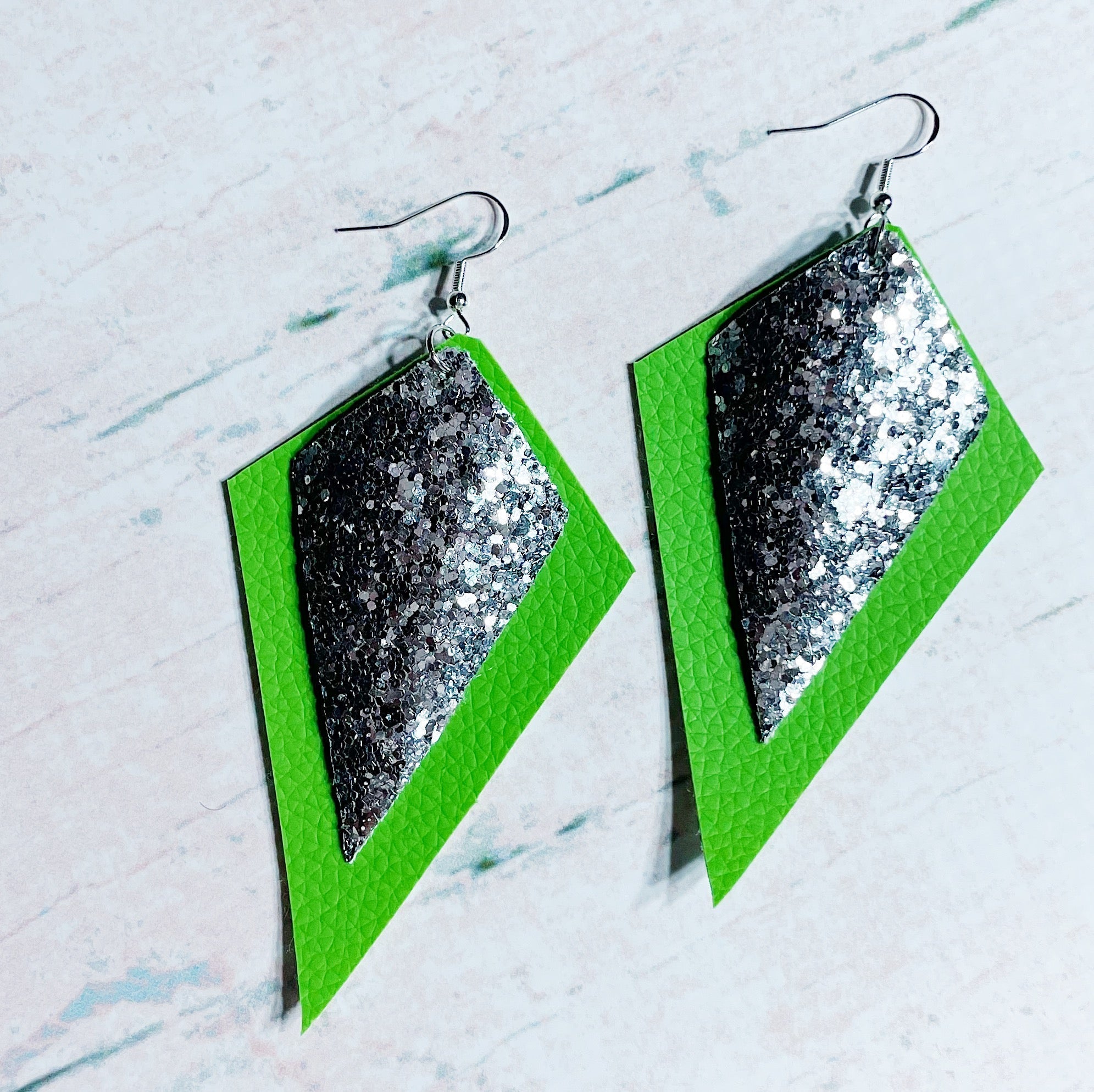 CookiBloom Earrings Silver Glitter & Green Leather Earrings