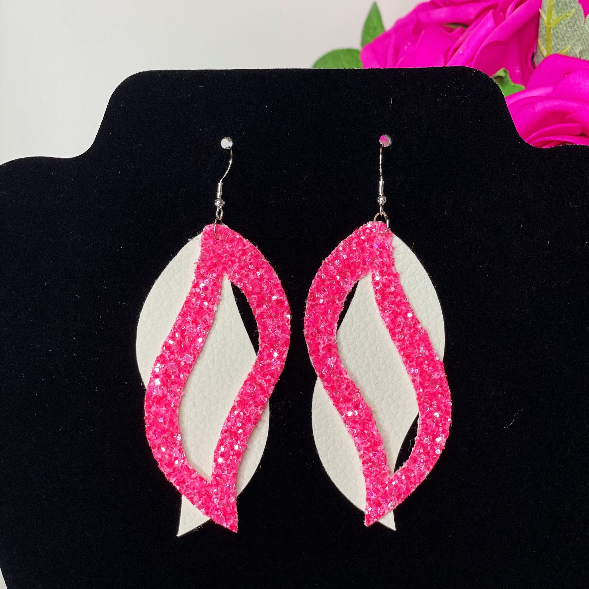 CookiBloom earrings White & Pink Glitter Leaf Earrings