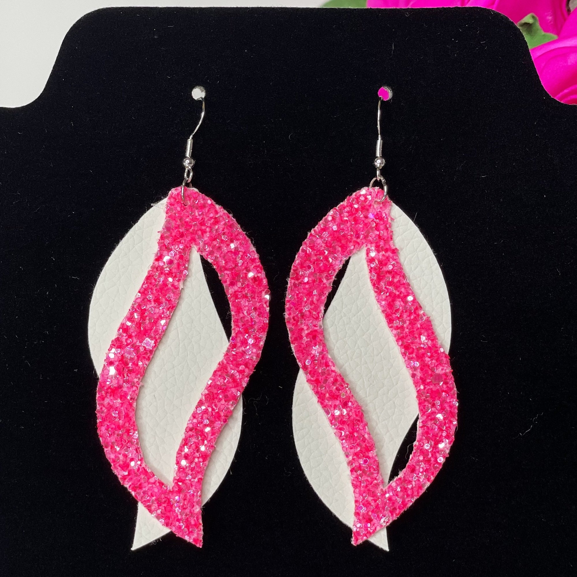 CookiBloom earrings White & Pink Glitter Leaf Earrings